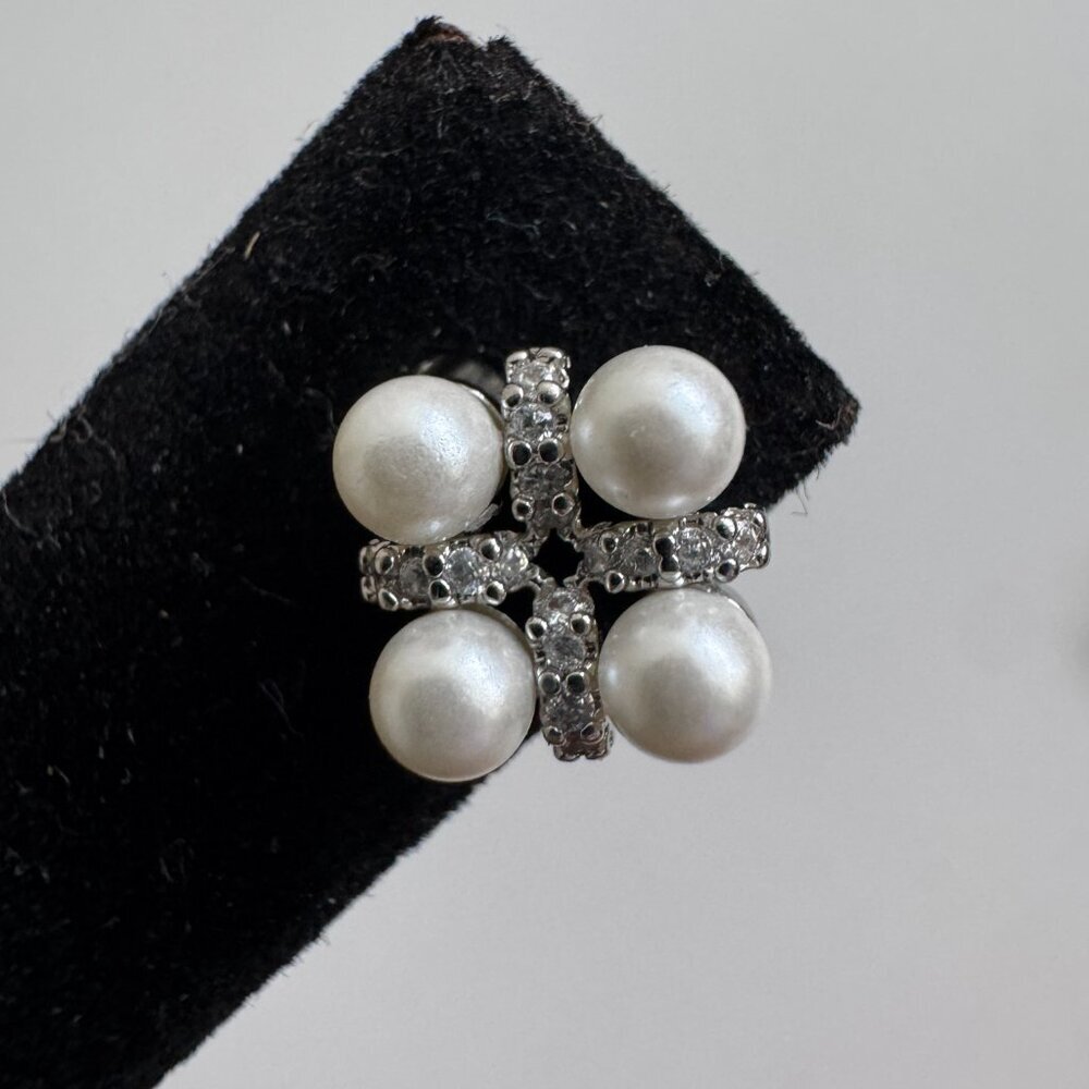 925 Sterling Silver Pearl & CZ Cluster Stud Earrings - Picture 3 of 6